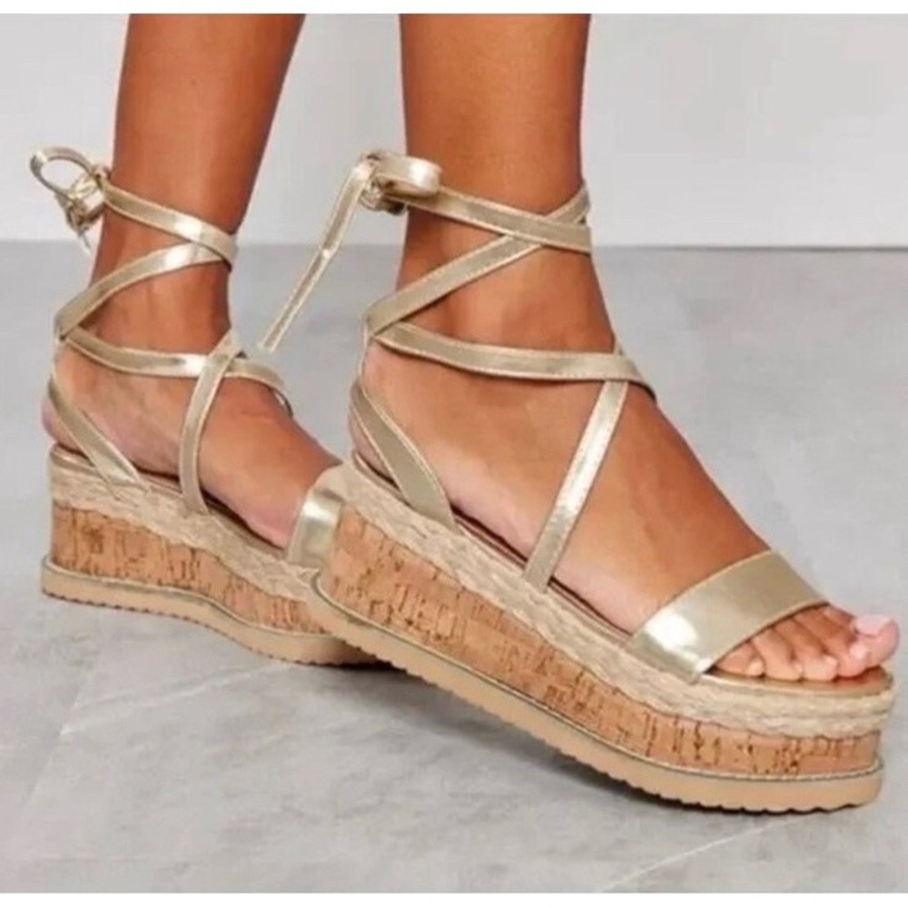 PrettyLittleThing Gold Espadrille Lace-up Platform Sandals SZ 38 / US 7.5 NIB